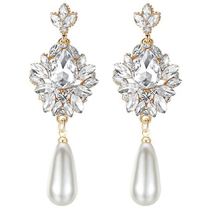 Flower Teardrop Bridal Wedding Dangle CZ Earrings in Silver/Gold Tone for Women Girl Bride Gift … - color: H-Gold
