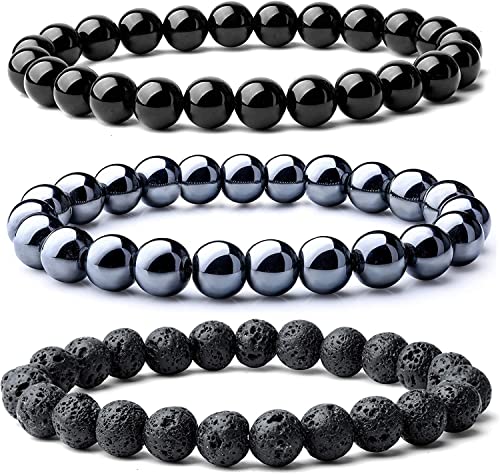 WFJ Black Obsidian Hematite Triple Protection Bracelets Set - Tiger Eye Beaded Natural Stone Bracelet for Men Women Gemstone (10MM) - color: Black Beaded Set of 3