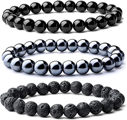 WFJ Black Obsidian Hematite Triple Protection Bracelets Set - Tiger Eye Beaded Natural Stone Bracelet for Men Women Gemstone (10MM) - color: Black Beaded Set of 3