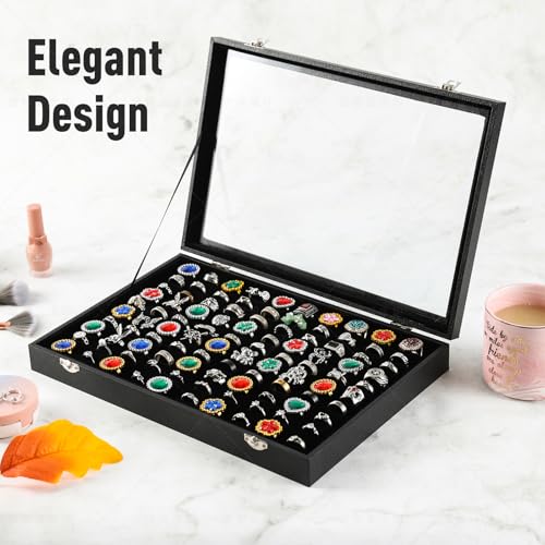 Pangkeep Ring Organizer Display Case,Black Jewelry Storage Tray Boxes for Multiple Rings,Glass Lid,Stackable. (100 Slots) - size: 100 Slots