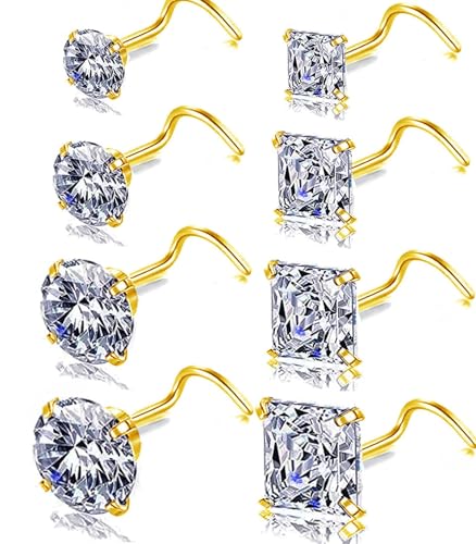 Nose Rings & Studs - 18g, 20g, 22g 14K Gold Bone Nose Studs for Women in Titanium Steel - color: 20g 8pcs Gold Screw Shaped 316L Surgical Steel