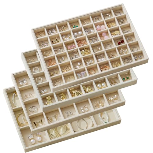 Large Jewelry Drawer Organizer Trays Set of 4, Stackable Velvet Jewelry Trays Organizer Holder Display Storage Showcase for Earring Necklace Bracelet Ring Accessary (Beige, 12+24+35+48 Grids) - color: Beige, size: 12+24+35+48 Grids