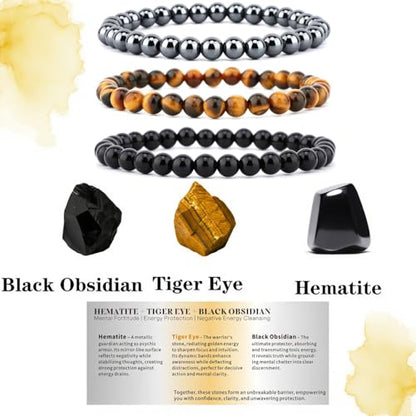 4mm 6mm 8mm Healing Crystal Bracelets for Women Men Natural Stone Beaded Stretch Bracelet Handmade Gemstone Reiki Spiritual Jewelry Gifts - color: Tiger Eye+Black Obsidian+Hematite-Protection, size: 6mm