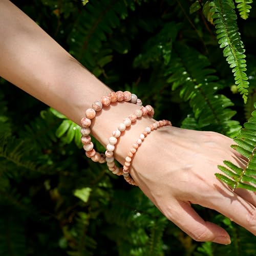 Bivei 8mm Beaded Bracelets for Women Handmade Semi Precious Natural Stone Stretch Elastic Jewelry Yoga Protection Gifts - color: Red Vein Jasper-Ignited Passion, size: Medium 6.8-7.3 inch