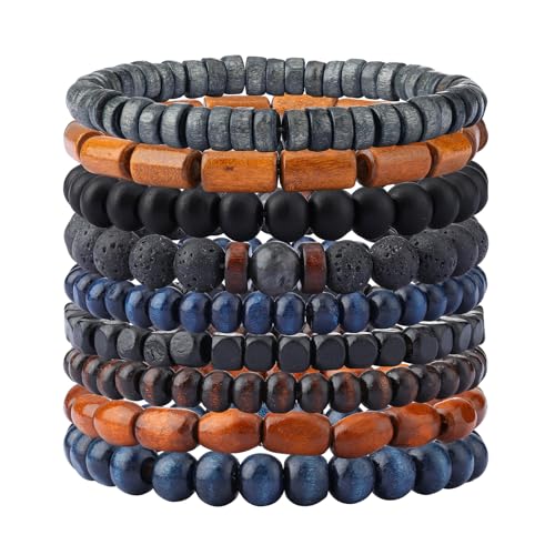 Mens Beaded Bracelets Tribal Wooden Elastic Adjustable Prayer Beads Wrap Cuff for Women - color: L: 10pcs