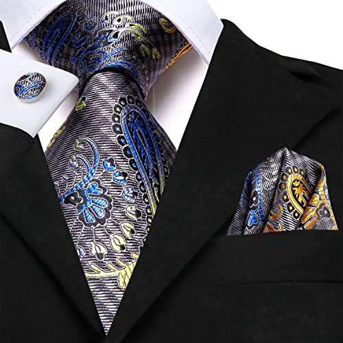 Hi-Tie Men's Silk Ties Formal Woven Classic Necktie Pocket Square Cufflinks Lapel Pin Set Wedding Business - color: A Grey and Blue