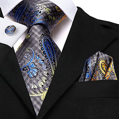Hi-Tie Men's Silk Ties Formal Woven Classic Necktie Pocket Square Cufflinks Lapel Pin Set Wedding Business - color: A Grey and Blue