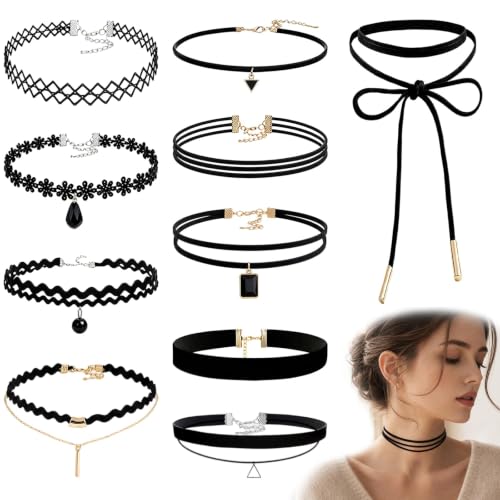 10PCS Choker Necklace - Black Gothic Y2k Tattoo Chokers - Velvet Leather Lace Chocker Set - Adjustable Stretchy Layered Collar Necklace
