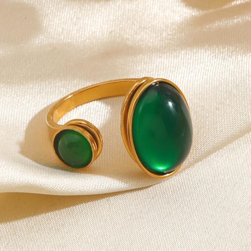 Dtja Double Green Stone Statement Ring for Women Gold Plated Adjustable Expandable Round Oval Birthstone Open Wrap Finger Rings Retro Birthday Anniversary Jewelry