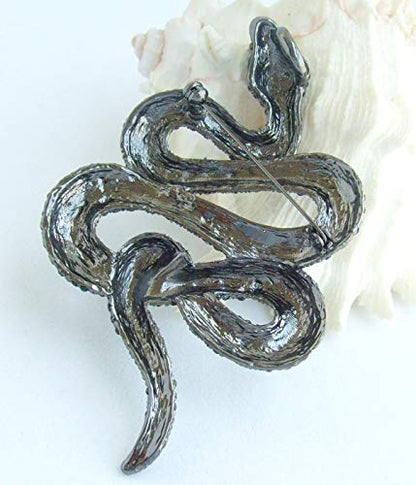 Classic 3.94" Unique Animal Snake Brooch Pin Pendant Austrian Crystal BZ5847 - color: Black-Tone Black Gray