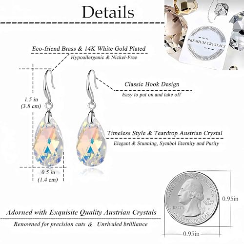 Austrian Crystal Teardrop Dangle Hook Earrings for Women 14K Gold Plated Hypoallergenic Jewelry - color: Aurora Borealis