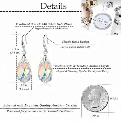 Austrian Crystal Teardrop Dangle Hook Earrings for Women 14K Gold Plated Hypoallergenic Jewelry - color: Aurora Borealis