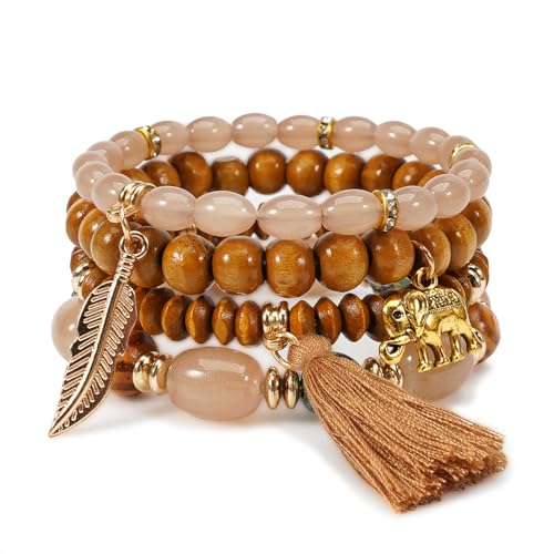 Boho Wooden Beads Bracelets Bohemian Bracelet Stack for Men Women Wood Beaded Bracelet Set - color: T