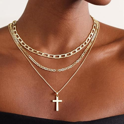 M MOOHAM Cross Necklace for Women Non Tarnish - 14K Gold Plated Dainty Clover Cross Layered Necklaces Stack Set Herringbone Figaro Paperclip Chain Necklace Trendy Religious Baptism Faith Jewelry Gifts - color: cross