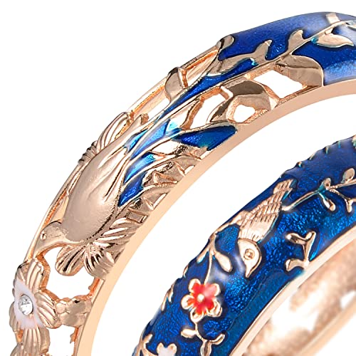 UJOY Cloisonne Indian Bangle Colored Crystal Plated Hinge Cuff Bracelet Hollowed Bird Enamel Jewelry Gift 55C49 - color: 2 Pcs/set-Navy Blue