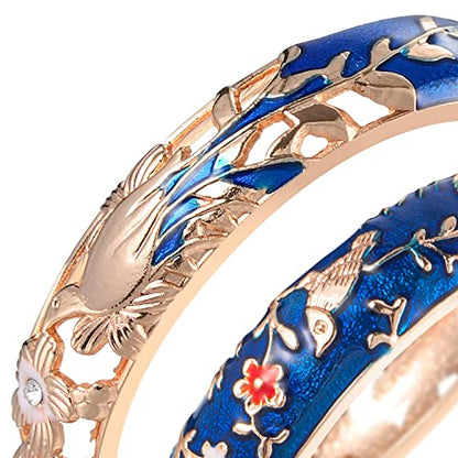 UJOY Cloisonne Indian Bangle Colored Crystal Plated Hinge Cuff Bracelet Hollowed Bird Enamel Jewelry Gift 55C49 - color: 2 Pcs/set-Navy Blue