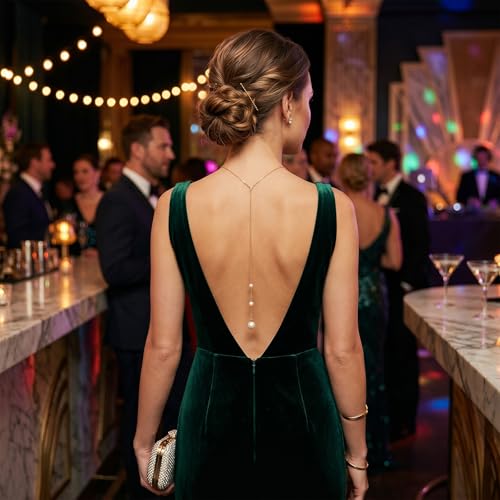 Back Necklace with Rhinestone Pearl Pendant Back Body Chain for Backless Dress Bridal Wedding Backdrop Necklace Crystal Simple Waist Body Jewelry for Women - color: A5:Pearl back necklace