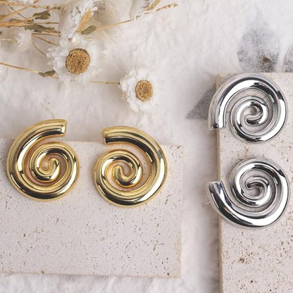 Jean Beau Chunky Gold Stud Earrings for Women Trendy Gold Plated Dangle Drop Prom Birthday Fashion Office Jewelry Gift - color: Silver Swirl