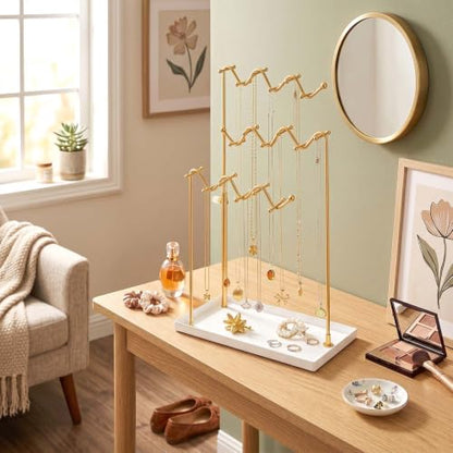 Gold 3-Tier Necklace Holder Organizer Necklace Display Stand with 36 Hooks | Adjustable Jewelry Organizer with Metal Tray, Tall Necklace Tree Rack for for Dresser Small Space, Gift for Women Girl
