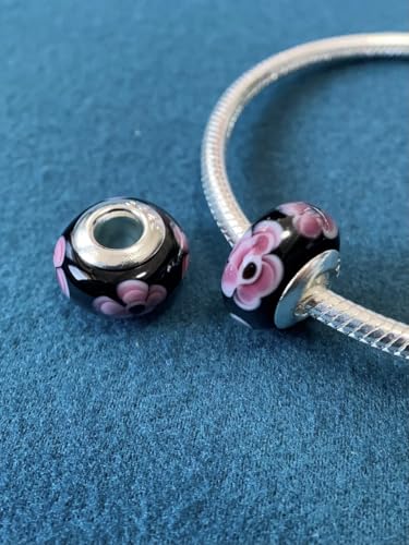 2pcs Authentic 925 Silver Murano Glass Flower Charms for Pandora Bracelets - color: 07-Black and Red