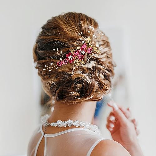 Cinaci 18 Pieces Bridal Wedding Party Prom Pearl Rhinestone Rose Red Flower Hair Side Combs Slides+U-shaped Flower Hair Pins+Twist Spiral Hairpins Floral Headpieces for Brides Bridesmaids Women Girls - color: Rose Red