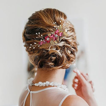Cinaci 18 Pieces Bridal Wedding Party Prom Pearl Rhinestone Rose Red Flower Hair Side Combs Slides+U-shaped Flower Hair Pins+Twist Spiral Hairpins Floral Headpieces for Brides Bridesmaids Women Girls - color: Rose Red