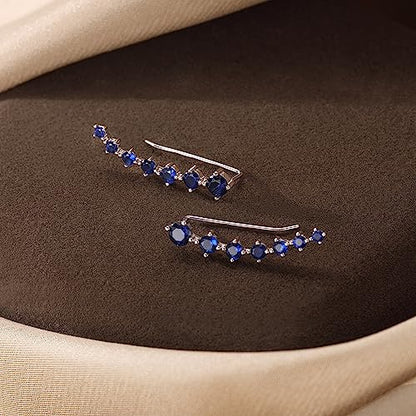 Reffeer Solid 925 Sterling Silver 7 Crystals Cuff Earrings Climber for Women Crawler Earrings Wraps - color: G-Blue CZ