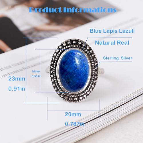 Retro Sterling Silver Stone Ring,Antique Natural Real Oval Crystal Quartz Gemstone Boho Bohemian Ring Jewelry for Women - color: A08_Lapis Lazuli