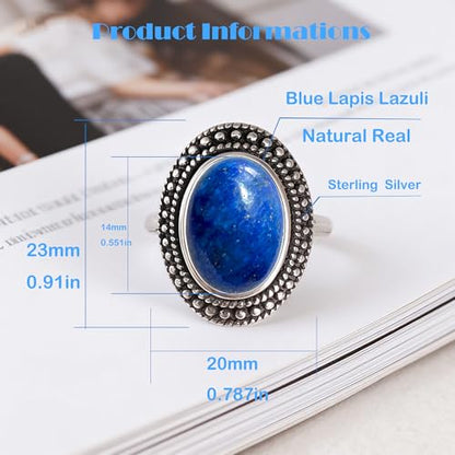 Retro Sterling Silver Stone Ring,Antique Natural Real Oval Crystal Quartz Gemstone Boho Bohemian Ring Jewelry for Women - color: A08_Lapis Lazuli