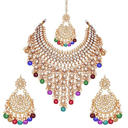 Aheli Elegant Indian Wedding Wear Faux Kundan Studded Choker Necklace with Maang Tikka Set Ethnic Fashion Jewelry for Women Maroon Kundan & Pearl Drop - color: Multi color
