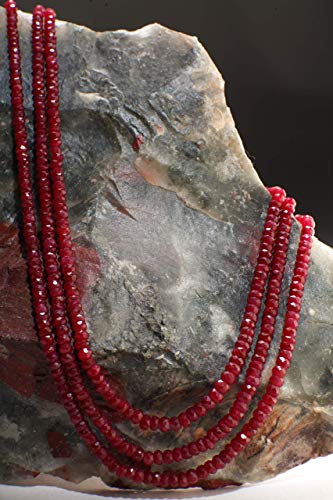 AAA Natural Ruby Gemstones 3-4.5mm Multi Strand, 3 Line Layer Gemstone Rondelle Necklace 20" Plus 9" Adjustable Thread. 270Ct