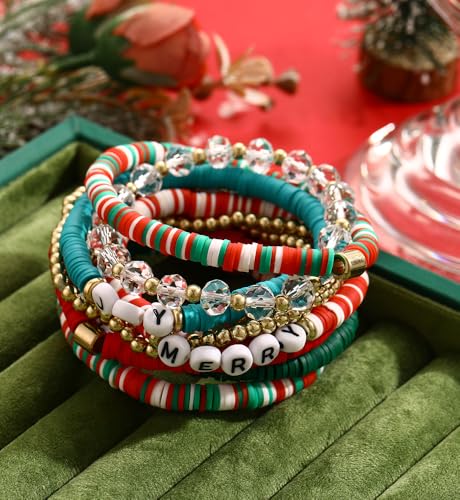 iF YOU 13pcs Boho Brown Gold Beaded Stretch Bracelets for Women, Heishi Clay Surfer Stackable Bracelet Stacks Summer Beach Jewelry - style: Red & Green Clay Bracelets