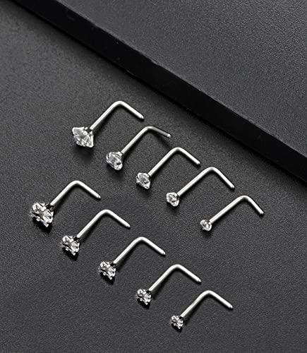 20G 10Pcs Stainless Steel L Screw Bone Shaped Nose Studs Rings Square Round CZ Nose Ring Labret Nose Piercing Jewelry for Men Women Silver Tone 1.5mm-2mm-2.5mm-3mm-3.5mm CZ - style: G:(10Pcs,Square+Round CZ)