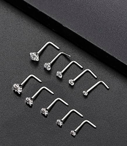 20G 10Pcs Stainless Steel L Screw Bone Shaped Nose Studs Rings Square Round CZ Nose Ring Labret Nose Piercing Jewelry for Men Women Silver Tone 1.5mm-2mm-2.5mm-3mm-3.5mm CZ - style: G:(10Pcs,Square+Round CZ)