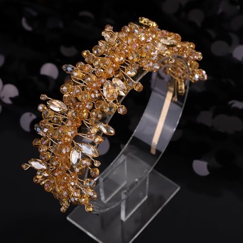 Octwine Vintage Bridal Gold Green Headpiece Handmade Wedding Headband Hair Vine Rhinestoens Headband Bridal Wedding Hair Accessories (Champagne, Width1.9inches) - color: Champagne