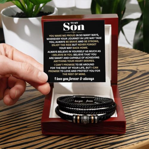 To My Son Bracelet FromMom and Dad with Heartfelt Message Card, Meaningful Love You Forever Braided Vegan Leather Mens Bracelet | Birthday, Valentines, Graduation Gifts From Parents, Leather Bracelet