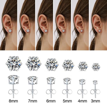 6 Pairs Hypoallergenic Stainless Steel Stud Earrings Cubic Zirconia Earrings Set 14K Gold Plated Multipack 3-8mm - color: Silver