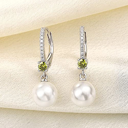 JO WISDOM 925 Sterling Silver Freshwater Pearl Hoop Earrings with Dangle Real Pearl,Simulated Pearls - color: B-8mm white pearl,peridot color