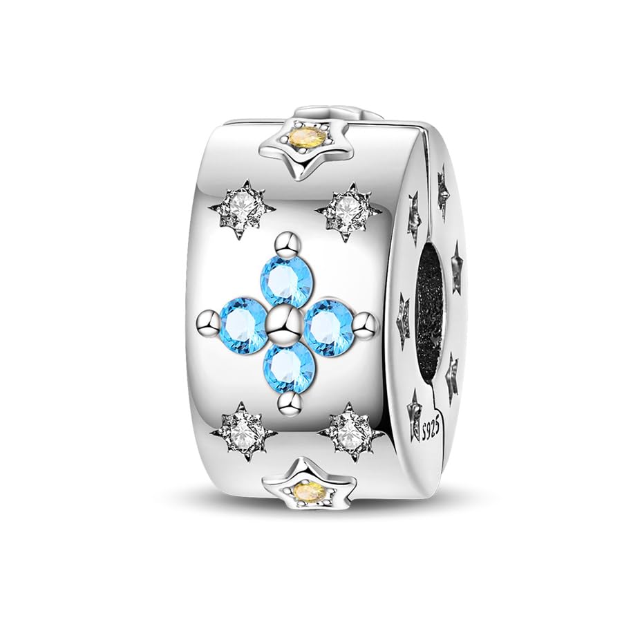 925 Sterling Silver Openable Clip Spacer Bead Fits Pandora Bracelet | Hypoallergenic Clip Stopper Charm, Star Clover Butterfly Floral Mom Heart Paved Zircon Gift for DIY Charm Bracelet Jewelry - color: Celestial Blue Star