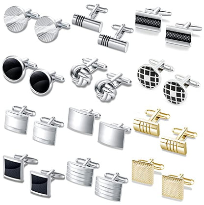 FIRAZIO 12 Pairs Cufflinks for Men Classic Tone Cuff Links Silver Black | Striped Disc Square Rectangle Cuff Links Shirt Suit Men’s Cufflinks For Wedding Groom Business Elegant Gift