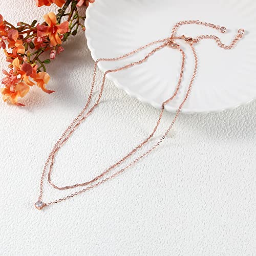 Tewiky Dainty 14k Gold Plated/Silver Cubic Zirconia Necklaces for Women, Simple CZ Jewelry Necklaces Trendy Gifts - color: Rose gold layer chain CZ