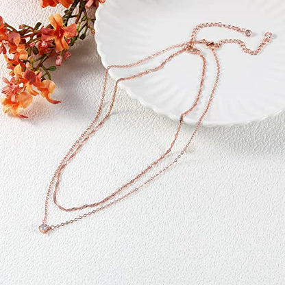Tewiky Dainty 14k Gold Plated/Silver Cubic Zirconia Necklaces for Women, Simple CZ Jewelry Necklaces Trendy Gifts - color: Rose gold layer chain CZ