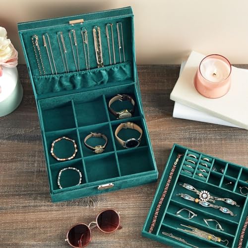 Juvale Velvet Jewelry Box Organizer - 10.5 x 10.5 x 3.5 in, Green - Lockable 2-Tier Travel Jewelry Case & Earring Storage - Removable Tray & Built-In Necklace Organizer - color: Green