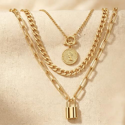 QCWN Gold Layered stacked Necklaces for women 3PS Chunky Statement Necklaces Stack Mixed Metal Charm Necklace for Women Trendy Coin Jewelry Gift for Her Gifts - style: Layered stack 8