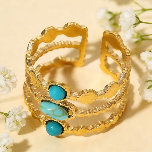 Todenb Turquoise Ring for Women，Gold Western Turquoise Open Ring Boho Stainless Steel Moon and Star Band Wrap Knuckle Rings Western Country Fashion Jewelry Accessories - color: oval