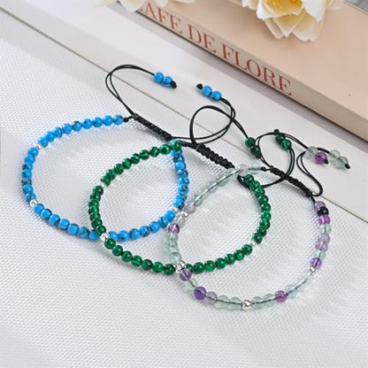 Natural Stone&925 Sterling Silver/18K Gold Anklet,│4MM│9-12 in│, Hand Woven, Adjustable Size - color: Malachite,4MM
