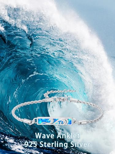 Waves/Tree of Life/Mushrooms/Moon Phase/Butterfly/Hummingbird Bracelet/Anklet 925 Sterling Silver Adjustable Abalone Shell Bar Bracelet/Anklet Summer Jewelry Gifts for Women - color: Waves-Blue Opal, size: Anklet 9"+2"