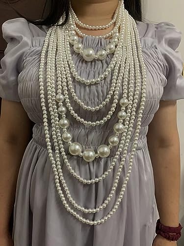 Multilayer Strand Chain Faux Pearls Flapper Beads Cluster Long Choker Necklace - color: Beige Necklace