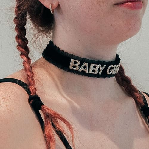 Women's Black Velvet Lace Letter Choker Collar for Halloween, 15-inch | Made of Velvet Lace Ribbon and Silver Letter Charms, Lobster-claw Closure, Daily Gothic Style, Avoid Water & Perfume - color: BABY