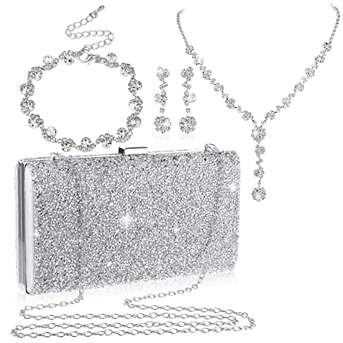 Mixweer 4 Pieces Clutch Purses Bag for Women Evening Rhinestone Jewelry Set Bling Necklace Earrings Bracelets Set for Wedding - style: Modern Style